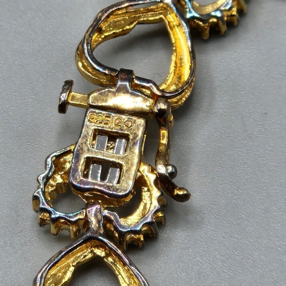 Gold Plated Sterling Silver Heart Link Chain Bracelet 925 Clear Stones 7" Long - Picture 8 of 9